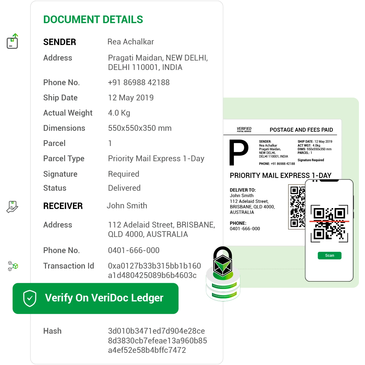 Verification preview with QR code, lock, and ledger details - Mobile