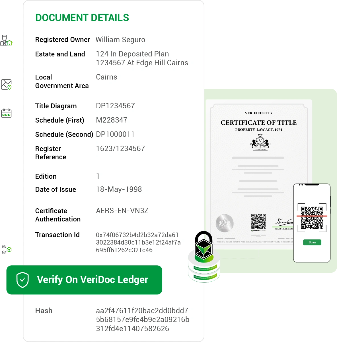 Verification preview with QR code, lock, and ledger details - Mobile