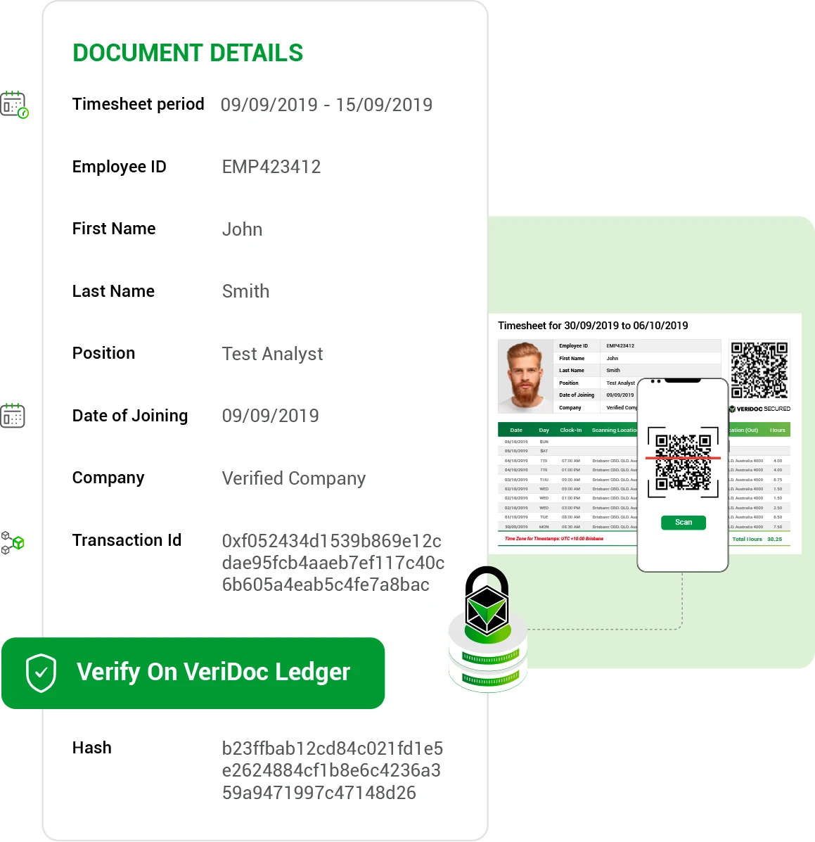 Verification preview with QR code, lock, and ledger details - Mobile