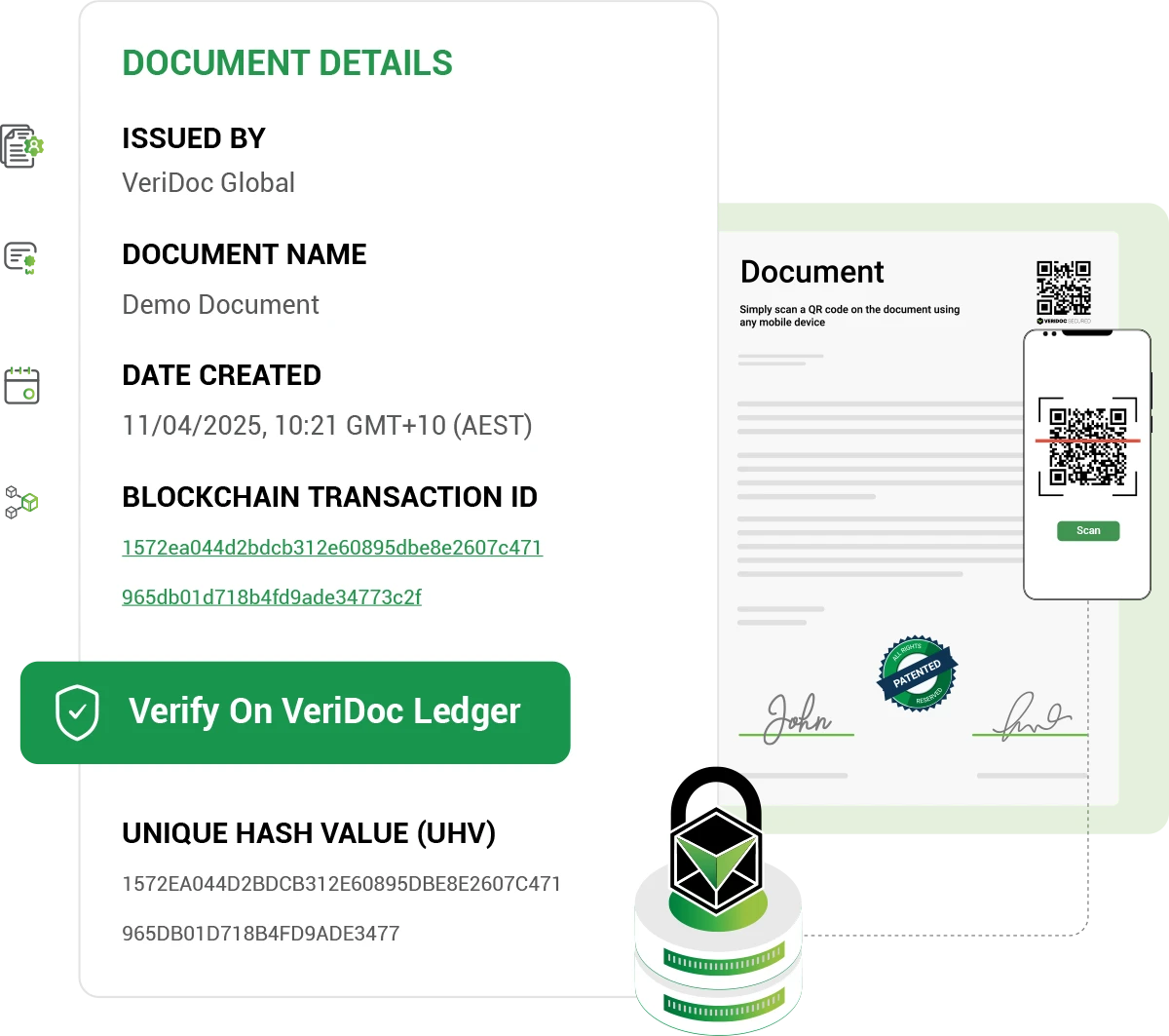 Verification preview with QR code, lock, and ledger details - Mobile