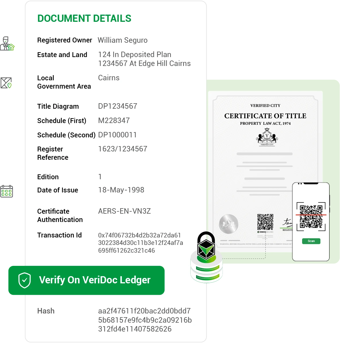 Verification preview with QR code, lock, and ledger details - Mobile