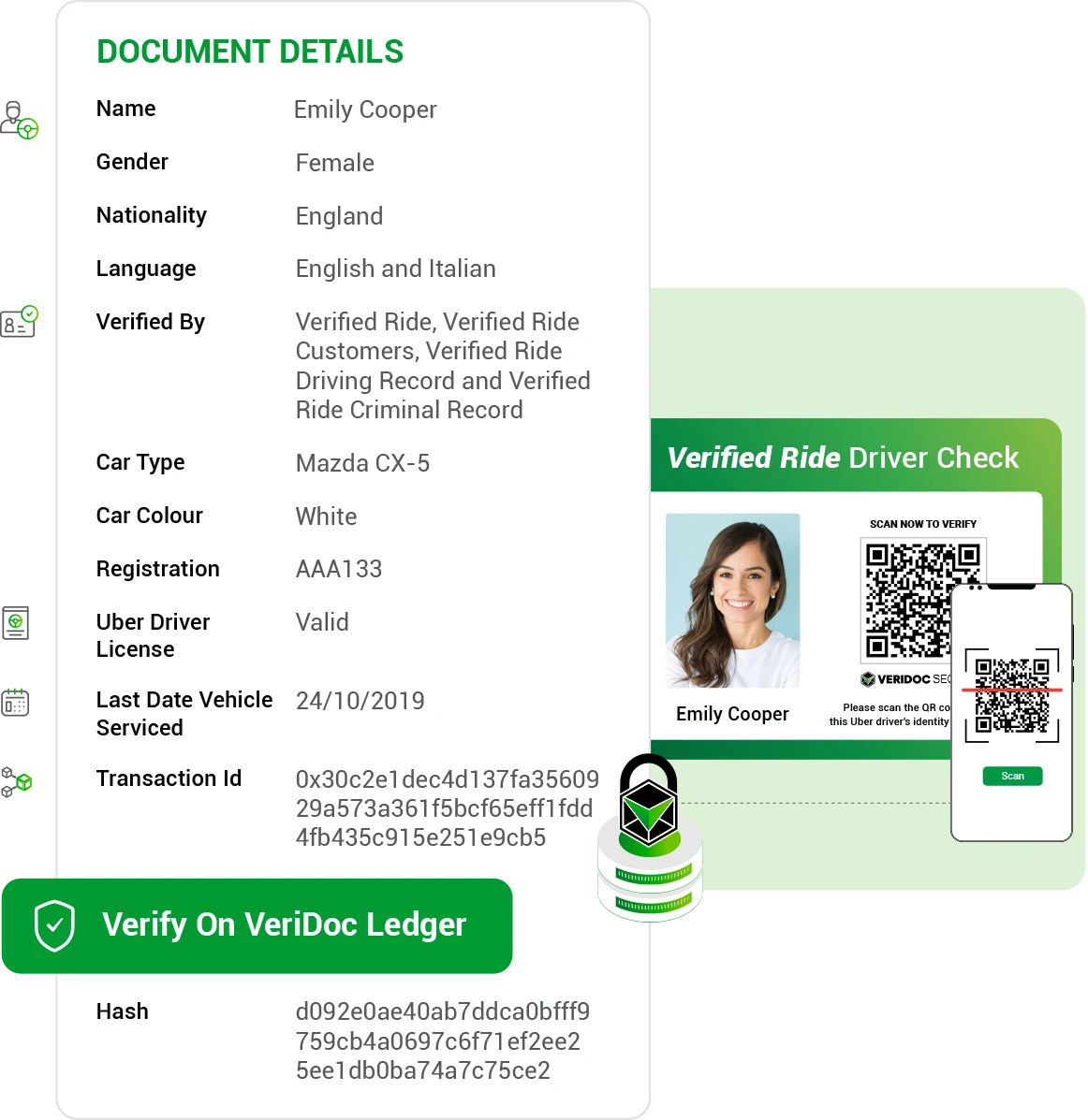 Verification preview with QR code, lock, and ledger details - Mobile