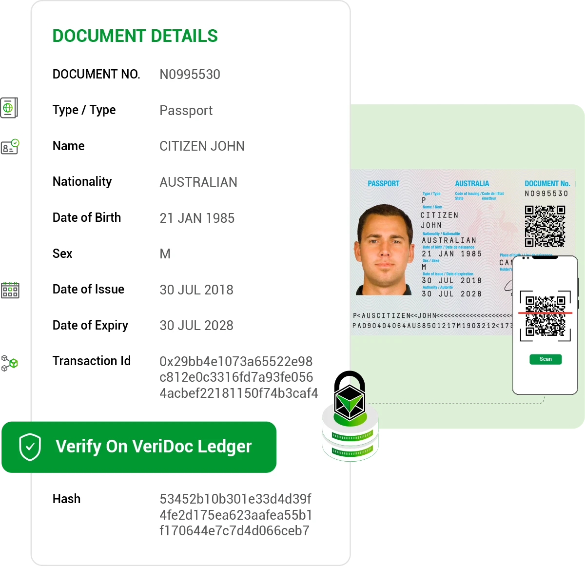 Verification preview with QR code, lock, and ledger details - Mobile